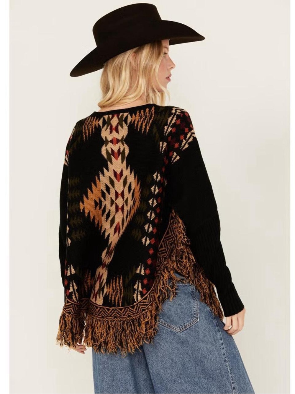 Cotton &Rye Boho Fringe Aztec Knit Sweater Black/Tan M Western Boho Southwestern